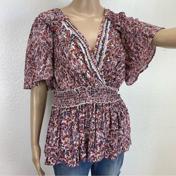 Angie Short Sleeve Surplice Floral Printed Woven Top bohemian Liberty print new - Picture 2 of 8